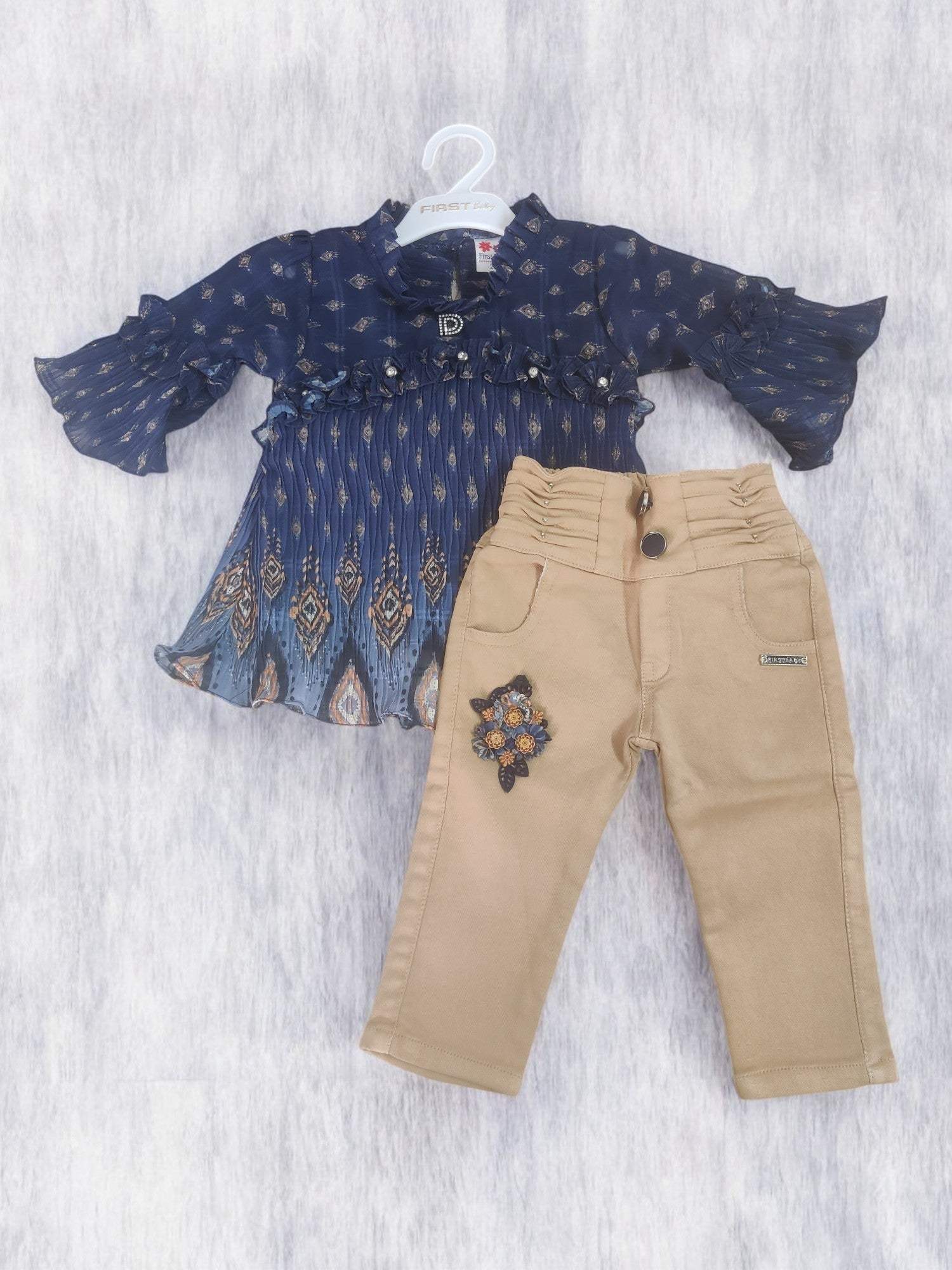 Stylish Blue Top and Beige Jeans Set for Weddings and Birthdays