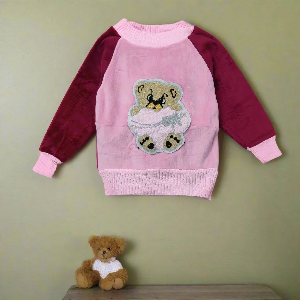 Cozy Pink and Red Velvet sweater Featuring Charming Bear Design image 1