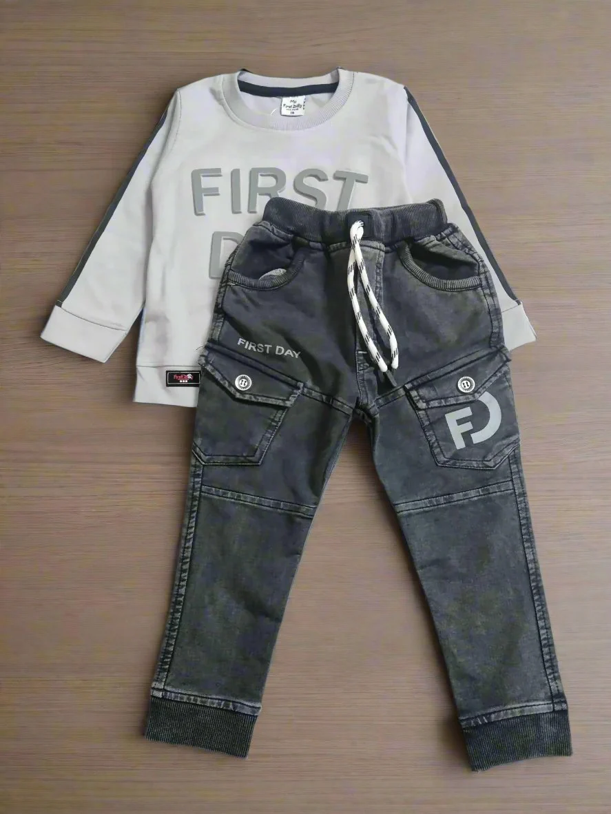 Stylish First Day Outfit for Boys - Full Sleeve T-Shirt and Jeans Set